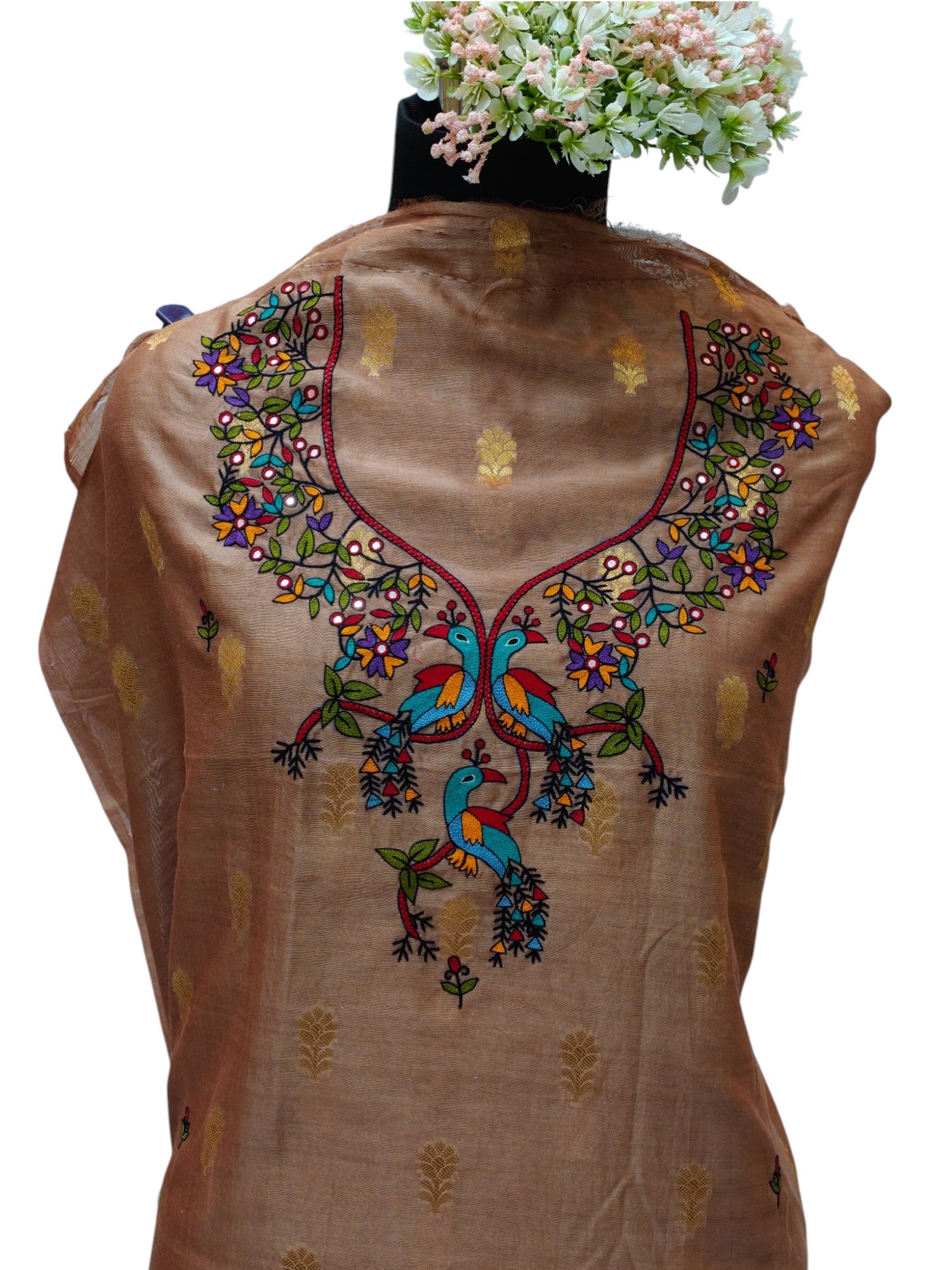 Chanderi Unstitched Kurti - Brown with Zari Butti